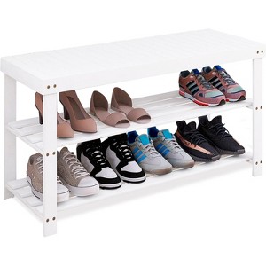 Create an Organized Entryway: 3-Tier Bamboo Shoe Bench with Built-in Seat - Space-Saving Storage Shelf - 1 of 4