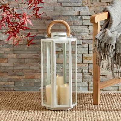 White Nautical Outdoor Lantern with Teak Handle