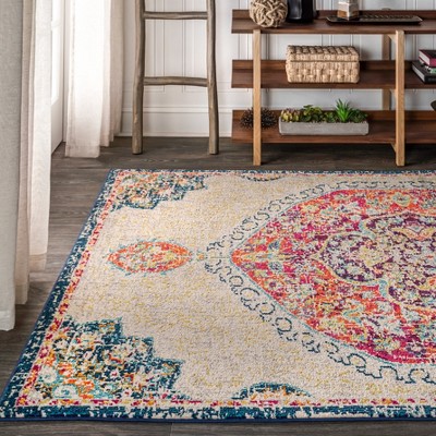 Cream and Orange Medallion Synthetic 8' x 10' Area Rug