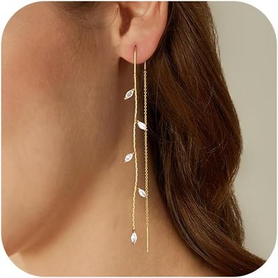 Dangle Threader Earrings for Women: Dainty 14k Gold Plated Drop Long Chain Earrings Trendy Non Tarnish Elegant Cubic