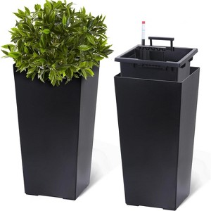 Planter Set of 2, Indoor ＆ Outdoor Black Taper Planter with Shelf Insert, Self-Absorbing Plastic Flower Pots, Large Resin Plant Pots - 1 of 4