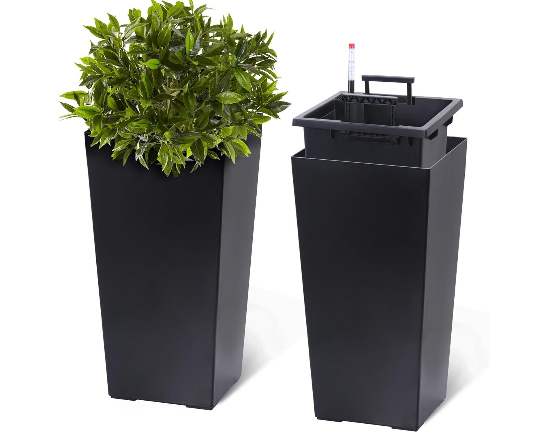 22.4 Inch Tall Planter Set of 2, Indoor £¦ Outdoor Black Taper Planter with Shelf Insert, Self-Absorbing Plastic Flower Pots, Large Resin Plant Pots