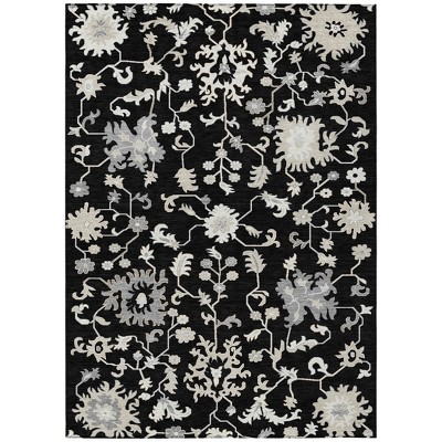 Black Ivory And Gray Floral Washable Indoor Outdoor Area Rug