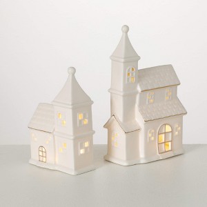 7.5"H and 9.75"H Sullivans Lighted Porcelain Church - Set of 2, White - 1 of 3