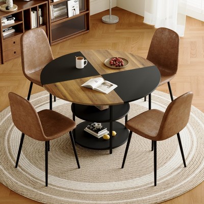 5 Piece Dining Set Splicing Round Dining Table Set Kitchen Table Set with 4 Dining Chairs&Double-layer Storage Table-ModernLuxe