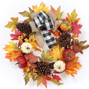 TackView 20" Thanksgiving Fall Wreaths for Front Door, Autumn Wreath with Pumpkin, Maple Leaves, Pine Cone and Buffalo Plaid Bow for Indoor Outdoor - 1 of 4