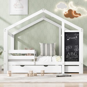 PAGED Roof Shape Bed Frame House Bed with Blackboard and Drawers, Easy Assembly, Box Spring Not Required - 1 of 4