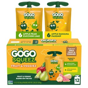 GoGo SqueeZ Fruit & VeggieZ Applesauce and Puree Variety Pack  Apple Banana Parsnip & Apple Pear Zucchini & Lime Pouches - 38.4oz/12ct - 1 of 4