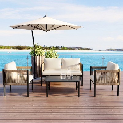 4-Piece Outdoor Seating Set, PE Wicker Woven Conversation Set with Glass Coffee Table, Chair with Iron Frame and Beige Foam Cushions-Cuddlewood