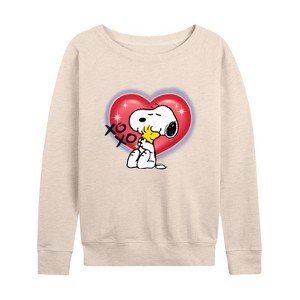 Women's - Peanuts - Snoopy Woodstock Airbrush Heart Lightweight French Terry Wide Neck Long Sleeve Shirt - 1 of 4