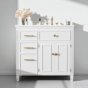 36" Freestanding Bathroom Vanity with Ceramic Sink, 4 Drawers, Adjustable Shelf & Tip-Out Drawer, MDF & Acacia Wood - 1 of 4