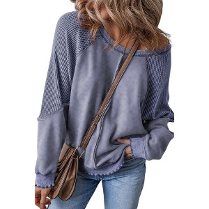 Amaryllis Women’s Long Sleeve Textured Waffle Knit Patchwork Pullover Contrast Washed Casual Fit Raw Hem - 1 of 4