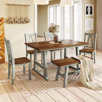 Farmhouse 6-Piece Wood Dining Table Set with Long Bench and 4 Dining Chairs-ModernLuxe