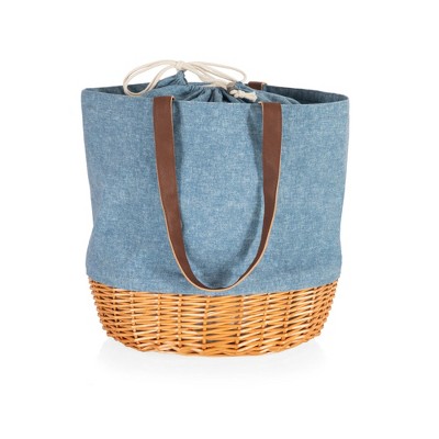 Navy Blue and White Canvas and Willow Picnic Basket Tote