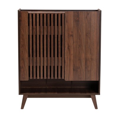Paricia Mid-Century Modern Walnut Brown Wood Shoe Cabinet