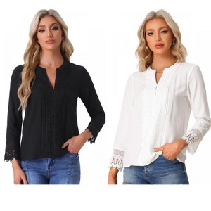 INSPIRE CHIC Women's Half Button Placket Long Sleeve Lace Crochet Boho Blouse 2 Packs - 1 of 4