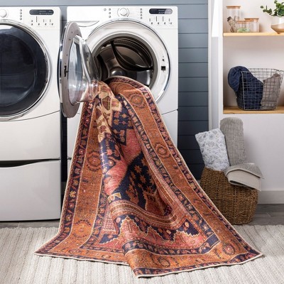 Western Springs Coral and Navy Wool Washable Area Rug 8' x 10'