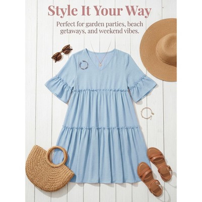 Женские платья INSPIRE CHIC Women's Maternity Dress Babydoll Bohemian Tiered Ruffled Bell Sleeve Casual V Neck Boho Pregnancy Dresses Medium Blue — фото 5