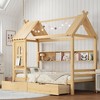 KWPZQEB House Bed, Montessori Platform Bed Frame with Storage Drawers & Window, Floor Bed with Bookshelf for Kids, No Spring Box Needed, White/Natrual - 3 of 4