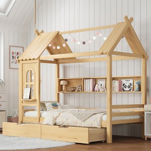 Twin/Full House Bed Solid Wood Platform Bed Frame with Storage Drawers/Shelves, Childlike Window Design - ModernLuxe - 1 of 4