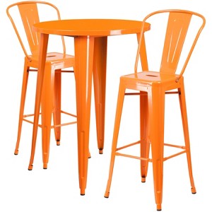 Emma and Oliver Commercial 30" Round Orange Metal Indoor-Outdoor Bar Table Set-2 Cafe Stools - 1 of 4