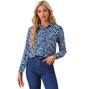 Allegra K Women's Point Collar Long Button Sleeve Button Down Floral Shirt - 1 of 4