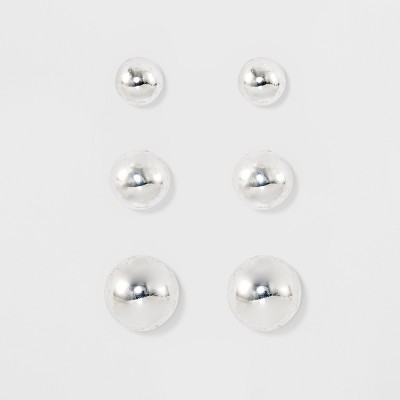 Women's Fashion Trio Stud Ball Earring Set 3pc - A New Day™ Silver