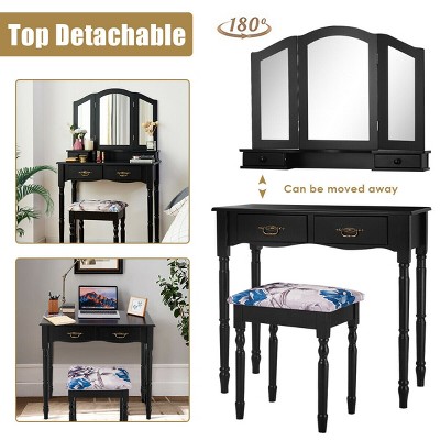 Black MDF Vanity Makeup Table with Tri-Folding Mirror and Bench