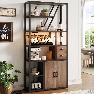 Bar Cabinet - Tall Coffee Bar Station with Power Outlets, Rack, Kitchen Microwave Stand, Bakers Rack Cabinet for Living Room