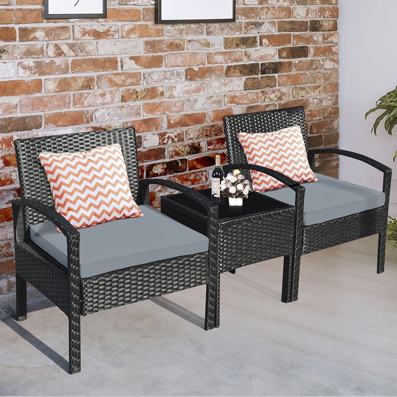 Costway 3PCS Patio Rattan Furniture Set Coffee Table Conversation Sofa Outdoor Cushioned Gray, 3 of 11