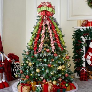 Joyfy 45 inch Blue & Silver Christmas Tree Topper Bow, Green Red White Ribbon Ornaments with Stripes and Dots, Christmas Tree Decorations Indoor - 1 of 4