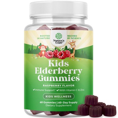 Kids Elderberry Gummies with Zinc & Vitamin C, Daily Immune Support Gummies for Children, Raspberry Flavor, Nature's Craft, 60ct
