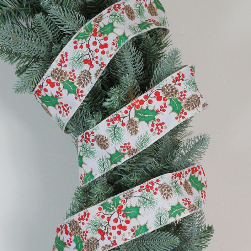 Northlight Glitter White and Green Holly Berries Christmas Wired Craft Ribbon 2.5" x 16 Yards, 2 of 4