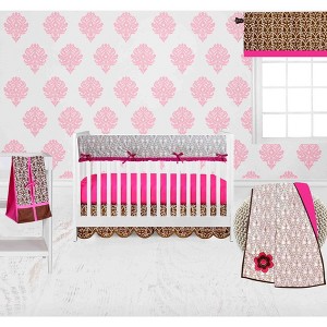 Bacati - Damask Pink Fuschia Chocolate 6 pc Crib Bedding Set with Long Rail Guard Cover - 1 of 4