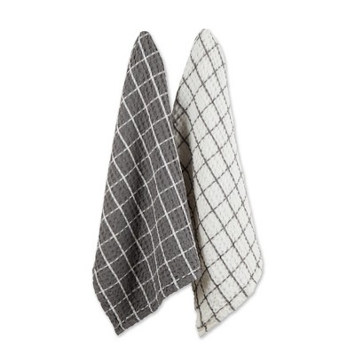 Design Imports Gray Windowpane Oversize Washed Waffle Dishtowel Set/2