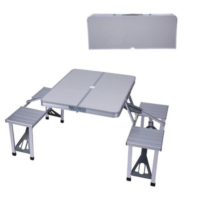 MPM Folding Camping Table Chair Set - Silver, Aluminum Suitcase Portable Camping Picnic Table with 4 Seats, Umbrella Hole for Party, BBQ, Beach