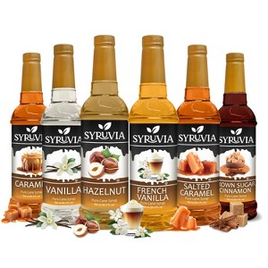 Syruvia Coffee Flavors Variety Pack: Caramel, Vanilla, Hazelnut, French Vanilla, Salted Caramel & Brown Sugar Cinnamon 25.4 fl oz Syrup - 1 of 4