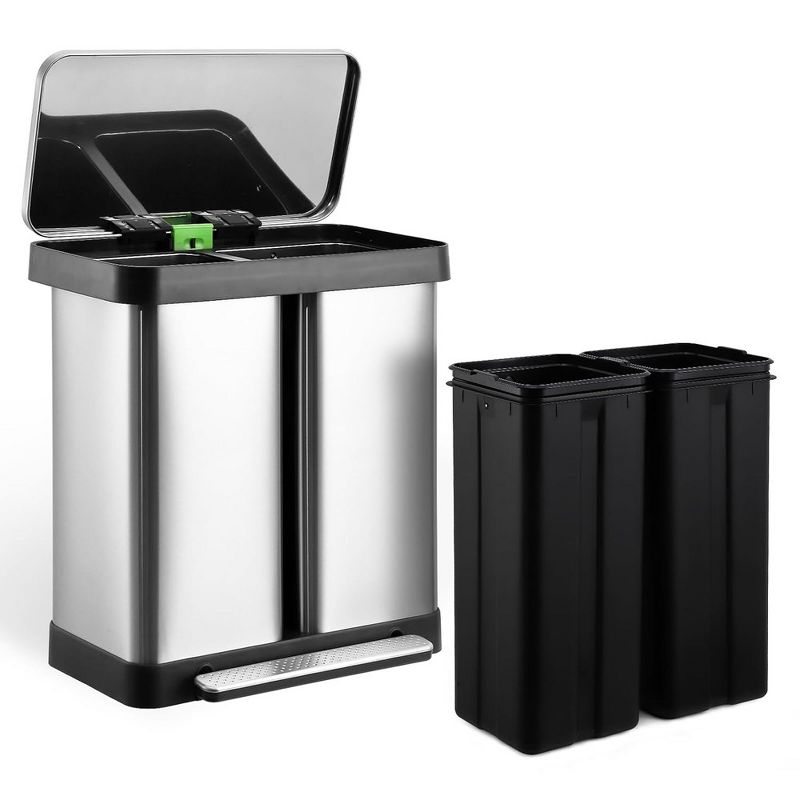 Dual Trash Can, Stainless Steel 2 x 8 Gal (2 x 30L) Garbage Can with Lid and 2 Inner Buckets, 2 of 7