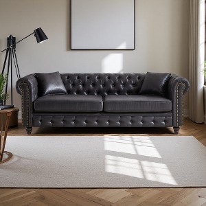 85.5" Tech Fabric Chesterfield 3-Seater Sofa with Rolled Arms, Button Tufted & 2 Cushions - 1 of 4
