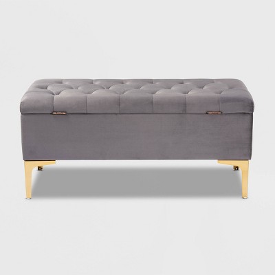 Valere Grey Velvet Gold-Finished Button Tufted Storage Ottoman
