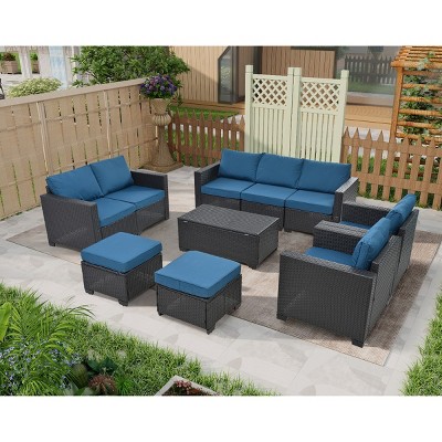 Outdoor 10-Piece Seating Set, Conversation Set with Tempered Glass Table, PE Rattan Sofa with Iron Frame and Polyester Cushions-Coolbibila