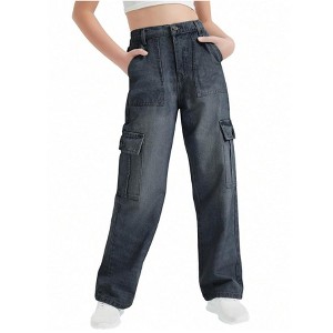Mocamel Girls' Straight High Belt Denim Overalls Personalized Pocket Solid Color Loose Wide Leg 8-14 Years Old - 1 of 4