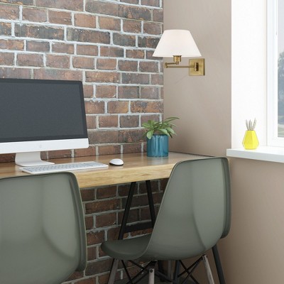 Bronze Antique Brass Swing Arm Wall Lamp with Off-White Shade