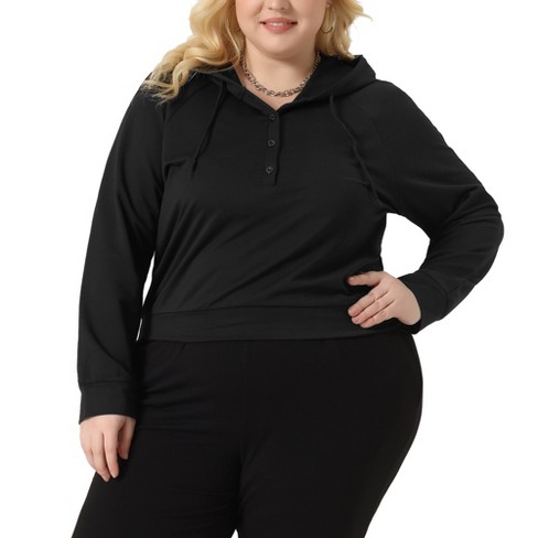 Agnes Orinda Women's Plus Size Button Collar Drawstring Long Sleeve Hoodies  Pullover Sweatshirts Black 1X