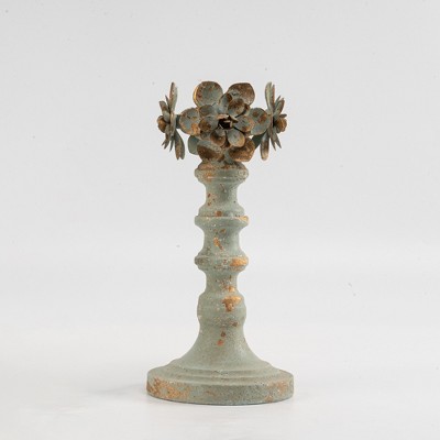 Floral Accent Candle Holder, Distressed Blue Finish Candle Holder, Vintage Rustic Home Decor, Large Size, 1pc