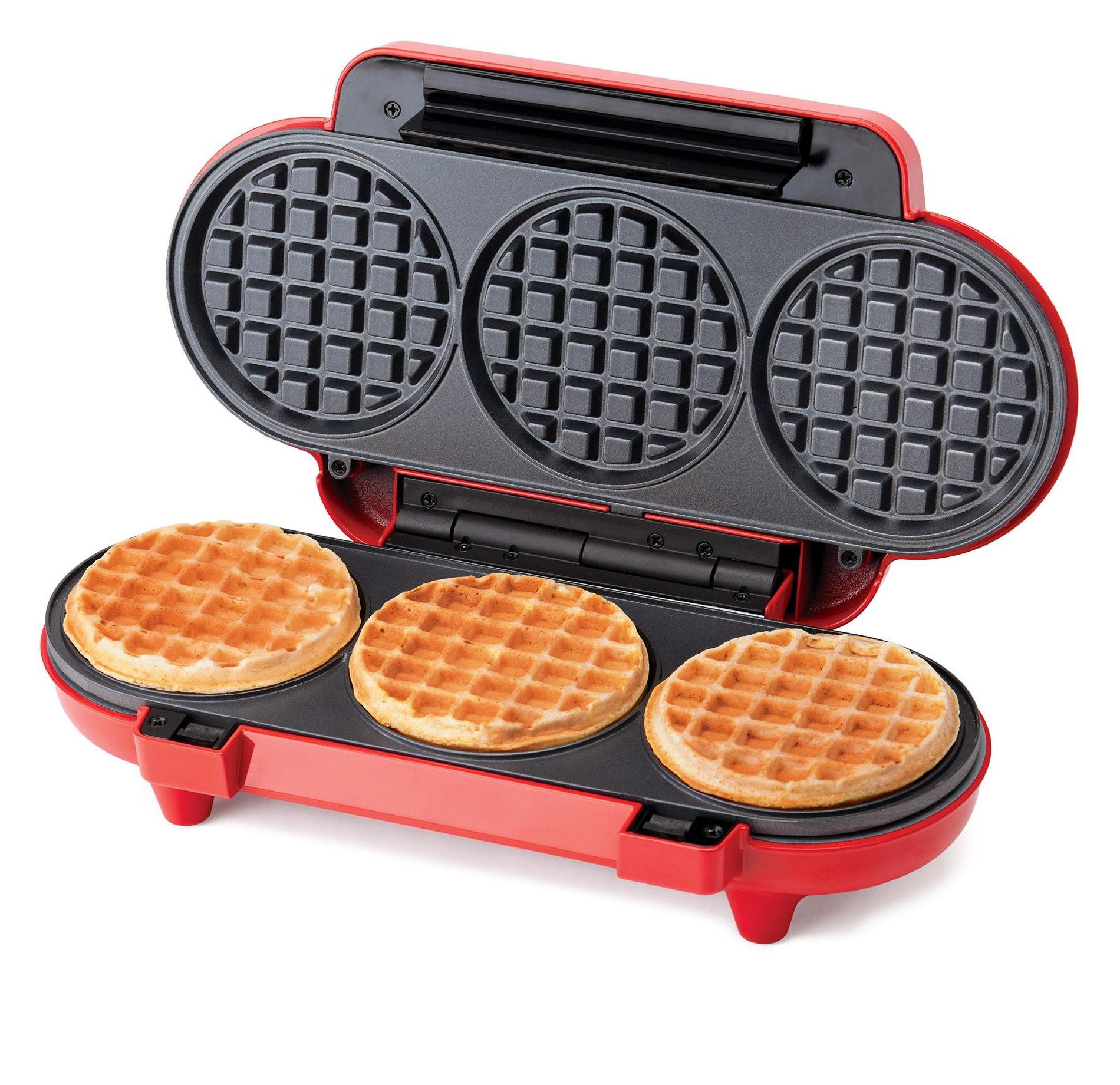 Betty Crocker Mini Multi-Waffle Maker, Makes 3 Waffles at Once, Non-Stick Coating, Automatic Temperature Control, Red