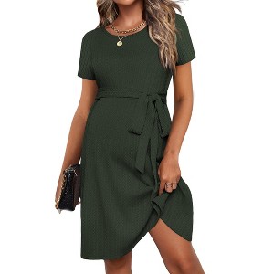 Ekouaer Women's Maternity Dress Short Sleeve Casual Pregnancy Dresses Rib Knit Crewneck Pregnant Clothes with Belt - 1 of 4