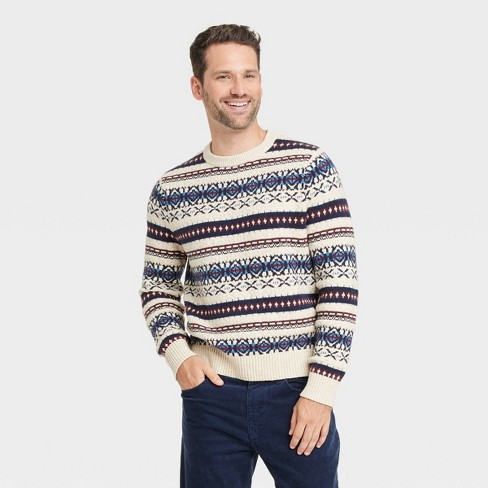 Men s Fair Isle Crewneck Pullover Sweater Goodfellow Co Cream L Target