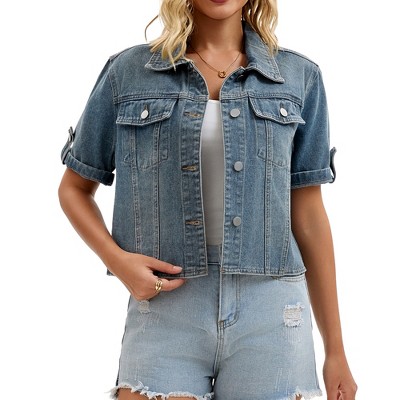 INSPIRE CHIC Women's Turndown Collar Short Sleeve Button Denim Jacket