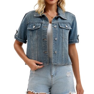 INSPIRE CHIC Women's Turndown Collar Short Sleeve Button Denim Jacket - 1 of 4